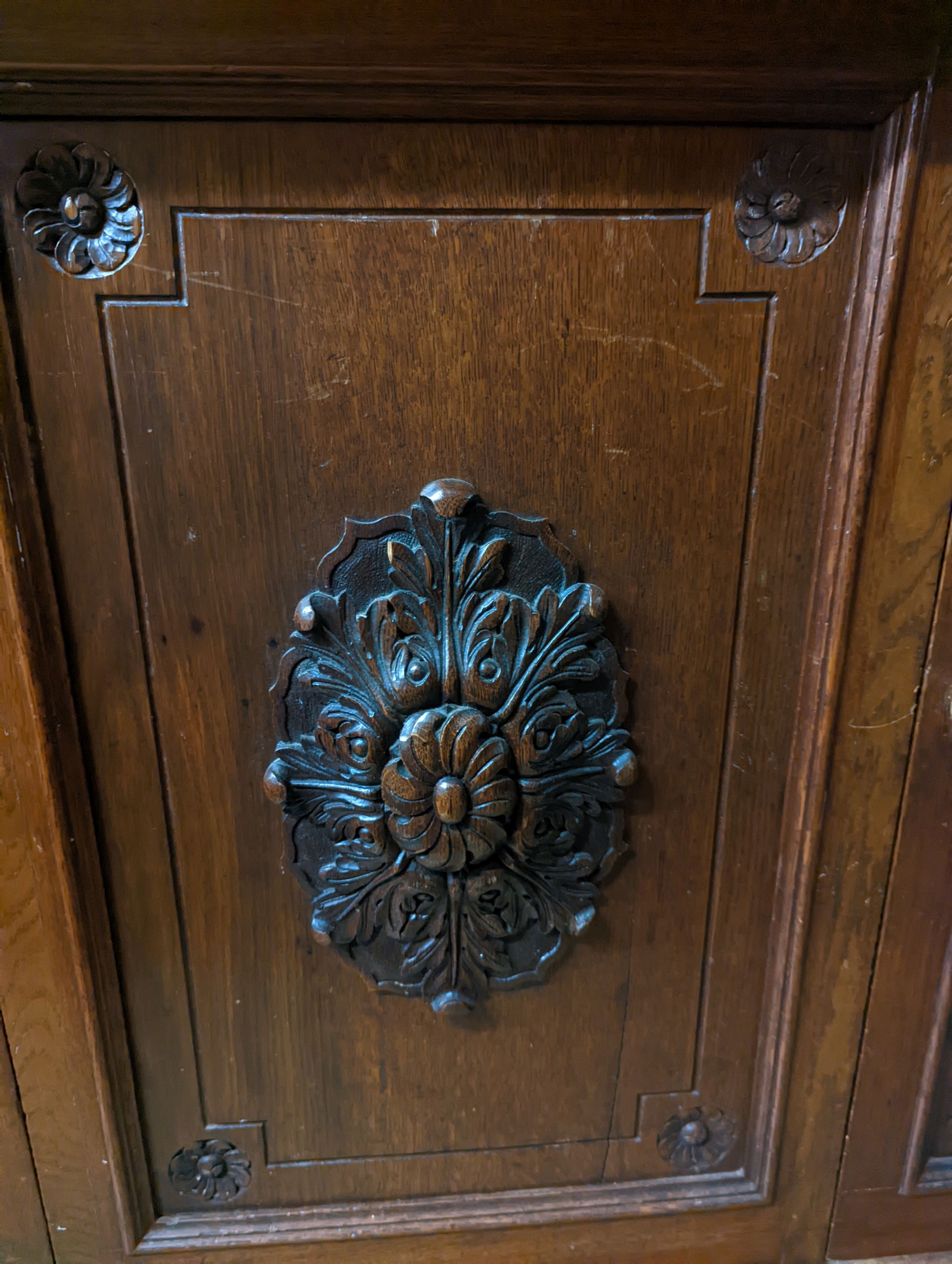 A Victorian oak side cabinet, length 150cm, depth 62cm, height 130cm